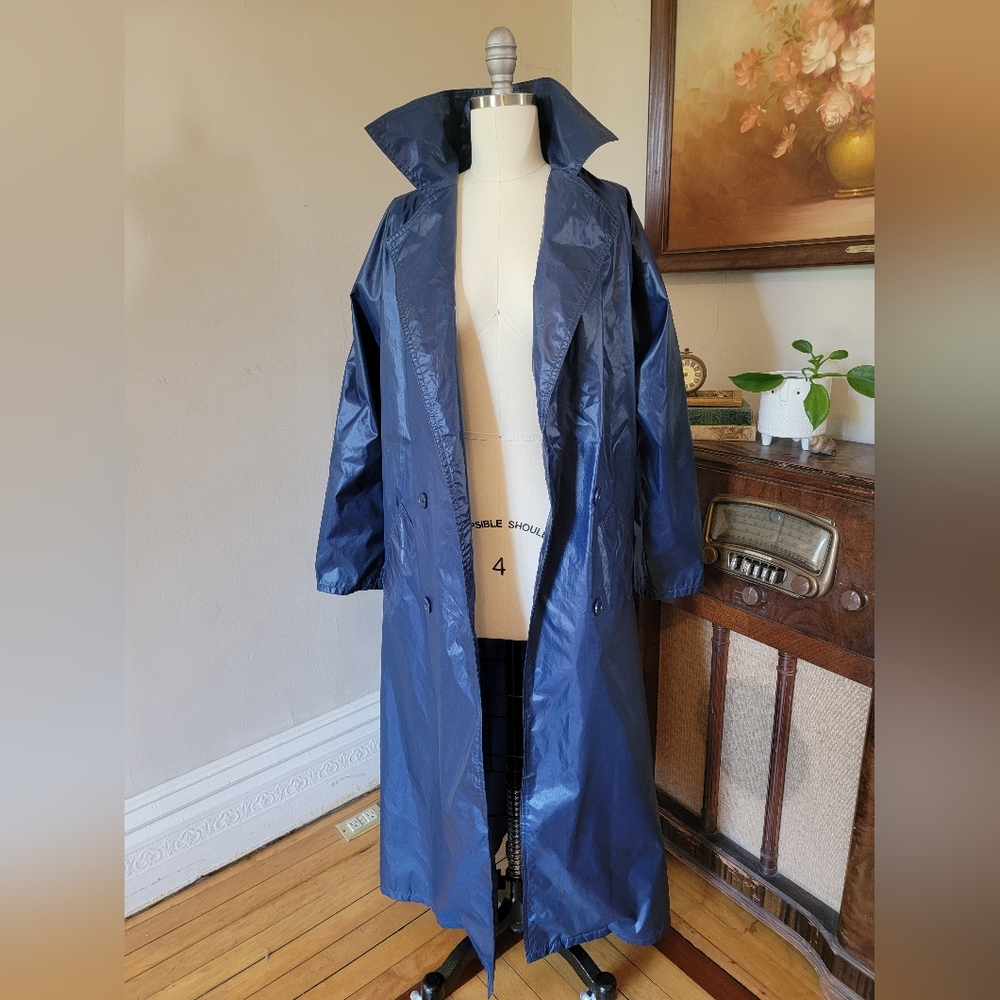 Totes Shiny Blue Women's Trench Rain Coat Jacket Navy OSFM - Picture 5 of 8